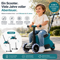Kind fährt mitwachsender 4-in-1 Kinder Scooter mit LED Rädern im Outdoor Einsatz, geeignet von 12 Monaten bis 12 Jahre