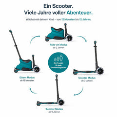 Mitwachsender 4-in-1 Kinder Scooter mit verschiedenen Umbau-Modi: Elternmodus ab 12 Monaten, Ride-on Modus ab 2 Jahren und Scooter Modus bis 12 Jahre